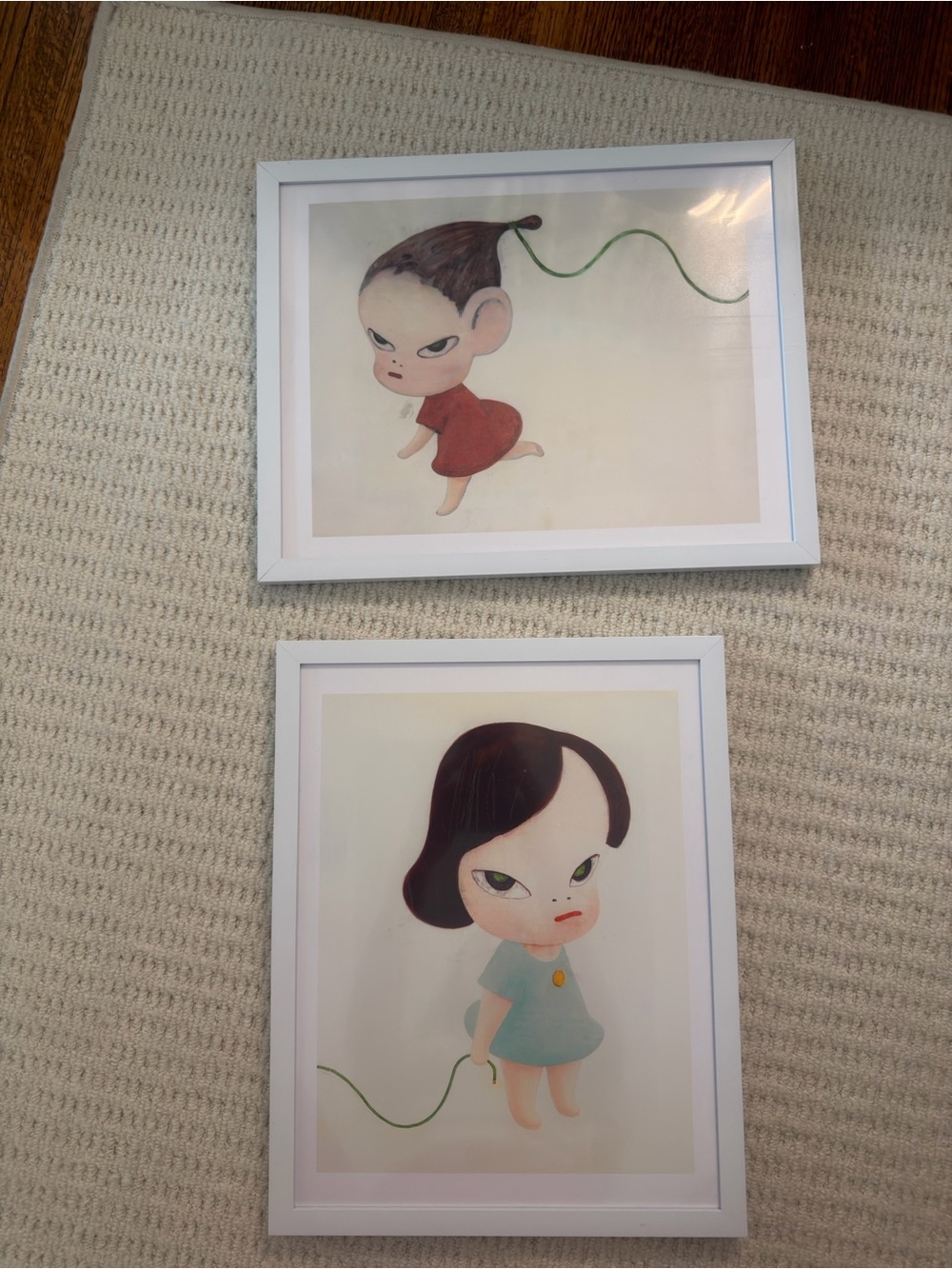 Pair of Yoshitomo Nara Art Prints in Red & Teal — White Framed